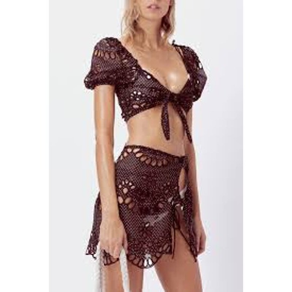 FOR LOVE & LEMONS Swim 2 Piece Cookies and Cream SET Skirt Crop Top - Picture 3 of 6
